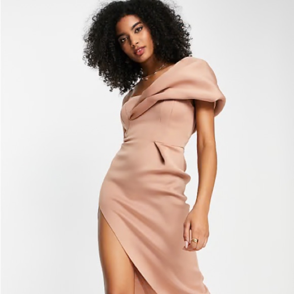 Asos Origami Dress Nude Tan One Shoulder Bodycon Puff Pleat Scuba Asymmetric 4